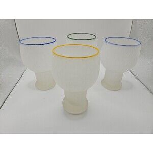 4 Vtg Iittala Finland Kekkerit Water Goblets Frosted Blue Yellow Green Rims 5.5"